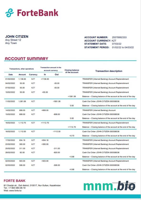 Kazachstan pierwszy Heartland Jusan szablon wyciągu bankowego w programie Word i PDF